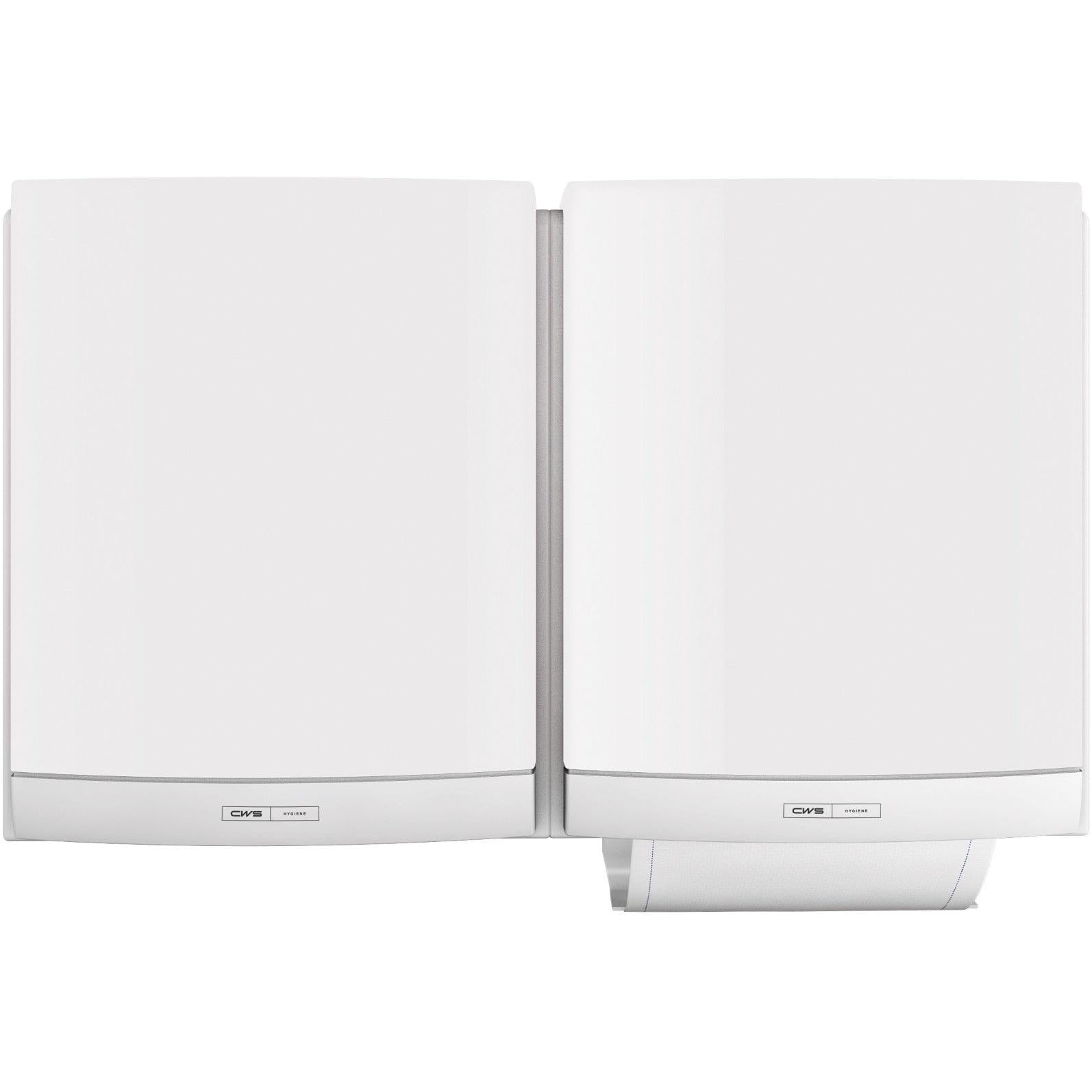 Two white CWS ParadiseLine fabric towel dispensers DUO including panel are mounted side by side. The right dispenser shows a partially dispensed towel and offers a hygienic solution with small labels near the bottom. Brand: CWS.