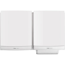Two white CWS ParadiseLine fabric towel dispensers DUO including panel are mounted side by side. The right dispenser shows a partially dispensed towel and offers a hygienic solution with small labels near the bottom. Brand: CWS.