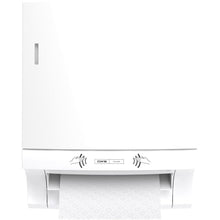 The CWS ParadiseLine paper towel roll dispenser Paperroll NT including Panel White is wall-mounted and dispenses patterned paper towels touchlessly, ensuring hygienic hand drying - perfect for professional use.