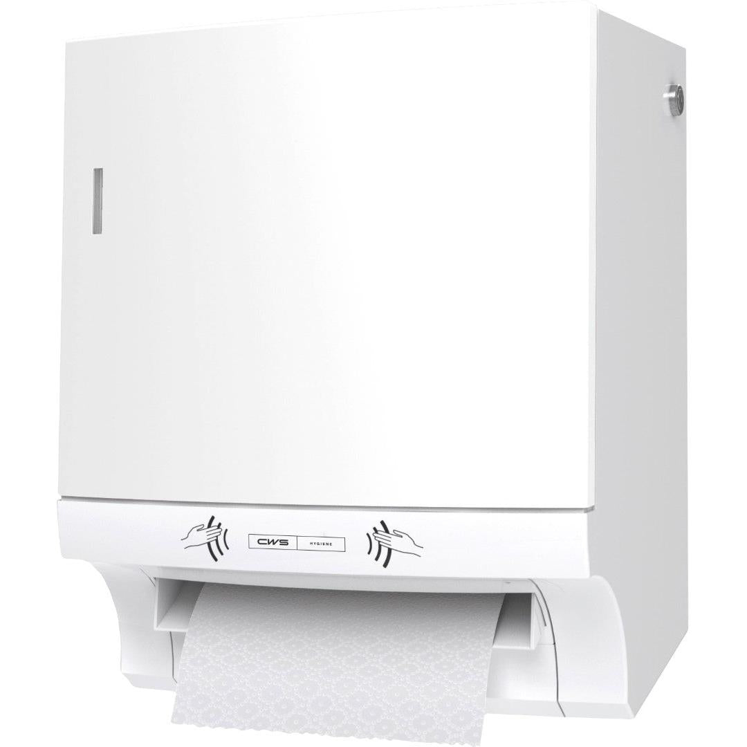 The CWS ParadiseLine paper towel roll dispenser Paperroll NT incl. Panel White is a white, wall-mounted dispenser with textured paper output and icons for hygienic hand drying - ideal for professional use.
