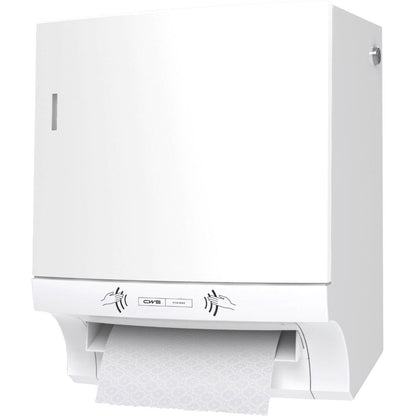 The CWS ParadiseLine paper towel roll dispenser Paperroll NT incl. Panel White is a white, wall-mounted dispenser with textured paper output and icons for hygienic hand drying - ideal for professional use.
