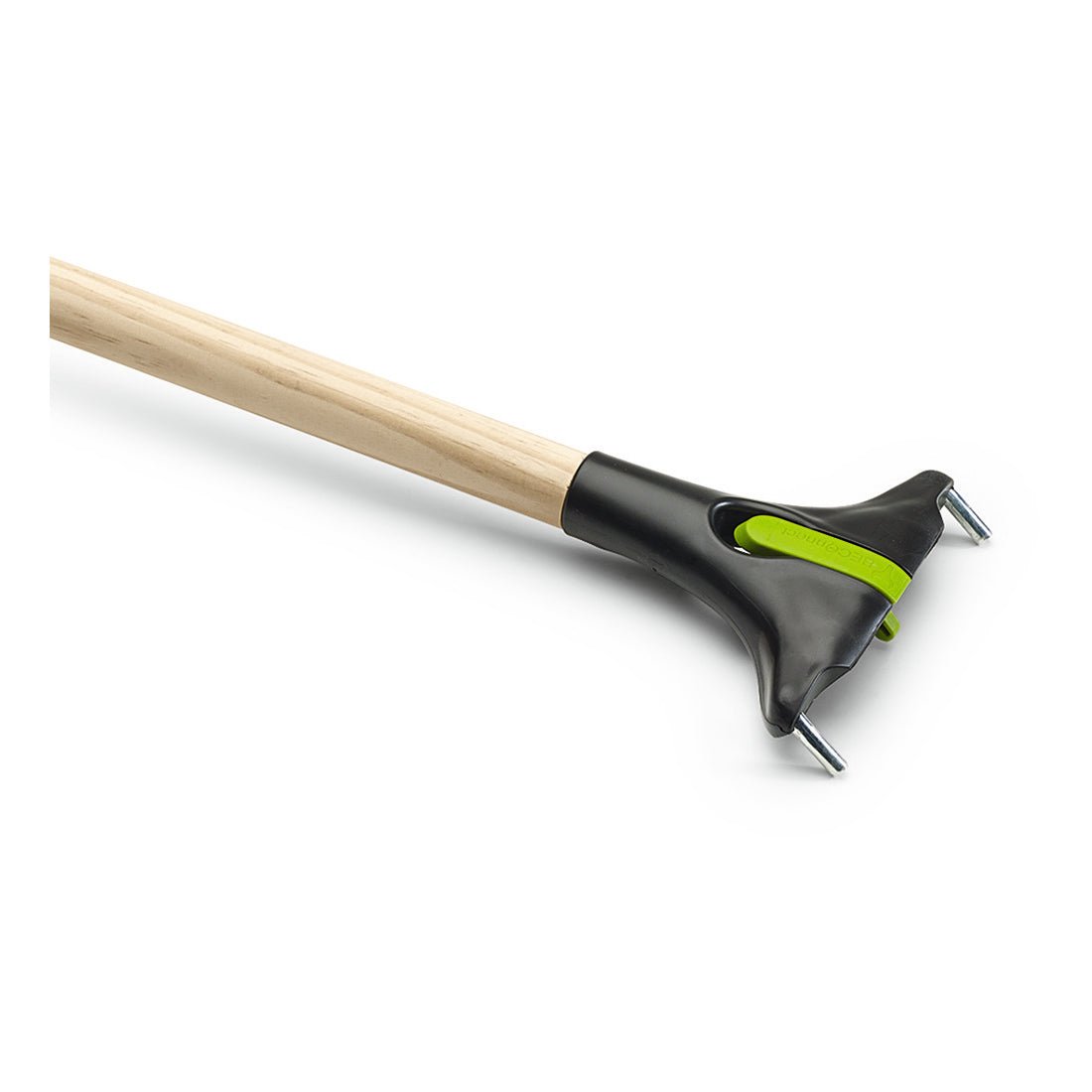 Close-up of the Nölle Profi Brush BECOnnect wooden handle 150 cm, Ø 28 mm by Nölle Profi Brush brush & paintbrush technology e.K., securely attached to a clamp - perfect for professional cleaning work.
