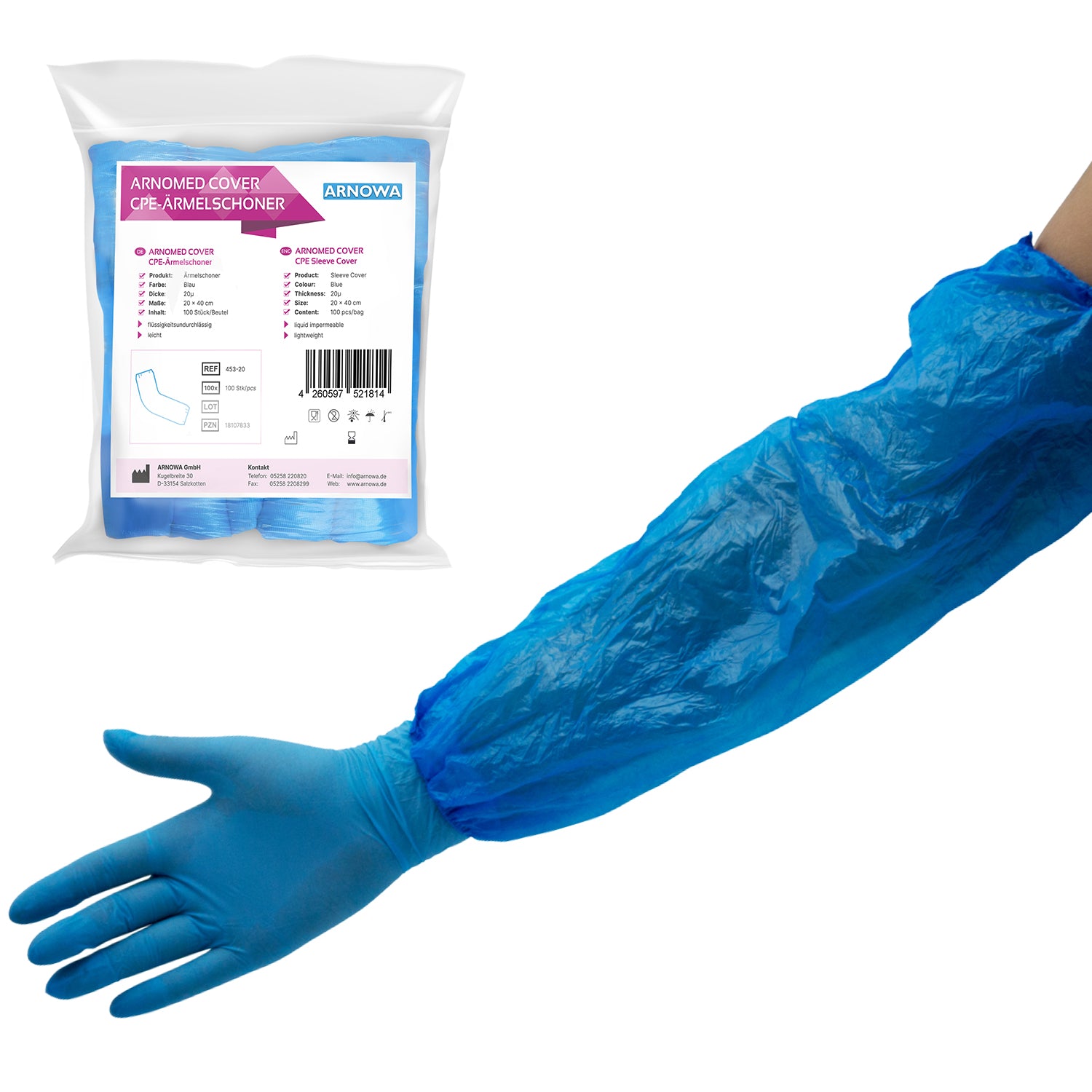 The arm of a person is protected by a blue ARNOWA GmbH ARNOMED Xtra Strong PE sleeve protector, liquid-repellent, disposable, while next to it lies a transparent bag labeled with the product name, containing 100 similar disposable sleeve protectors.