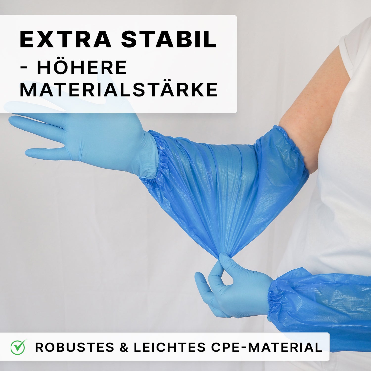 A person in a white shirt puts on ARNOMED Xtra Strong PE sleeve protectors from ARNOWA GmbH and gloves. The text on the image highlights extra strength, liquid-repellent protection, and high durability.