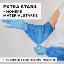 A person in a white shirt puts on ARNOMED Xtra Strong PE sleeve protectors from ARNOWA GmbH and gloves. The text on the image highlights extra strength, liquid-repellent protection, and high durability.