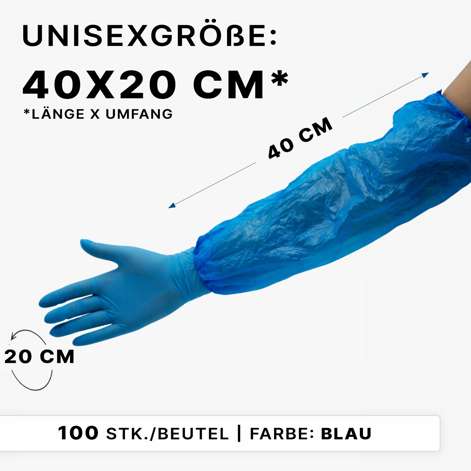 A person wears a blue ARNOMED Xtra Strong PE sleeve protector from ARNOWA GmbH (liquid-repellent, disposable, 40x20 cm, unisex size), packaged 100 pieces/bag.