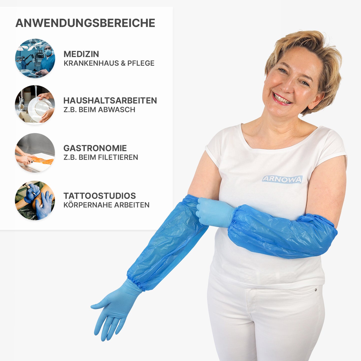 A smiling woman in a white shirt puts on ARNOMED Xtra Strong PE sleeve protectors (liquid-repellent, disposable, 100 pieces, ARNOWA GmbH). Icons next to her show the use in medicine, household, catering, and tattoo studios.