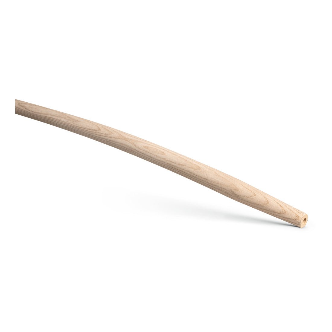 The Nölle Profi Brush manure fork handle, bent (36x130 cm) made of ash wood, from Nölle Profi Brush Bürsten- & Pinseltechnik e.K., is a smooth, curved wooden handle with a slightly tapered end and a round opening for a manure fork.