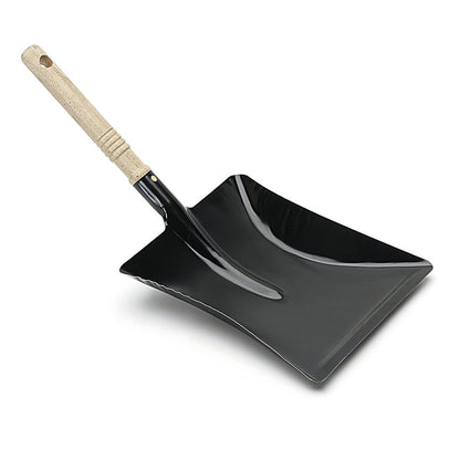 The Nölle Profi Brush dustpan lacquered metal with wooden handle from Nölle Profi Brush Bürsten- & Pinseltechnik e.K. is a black metal dustpan with a wide, flat scoop and a light wooden handle, standing on a white background.