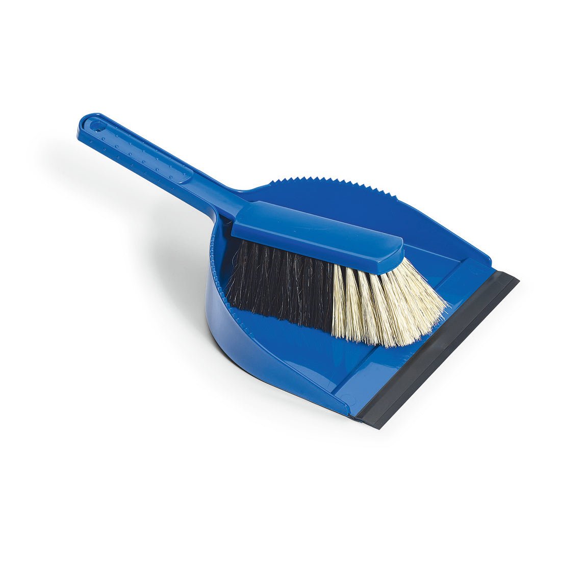The Nölle Profi Brush sweeping set quality mix from Nölle Profi Brush Bürsten- & Pinseltechnik e.K. consists of a blue dustpan with a matching handle and a small brush with black and white bristles, depicted on a white background.