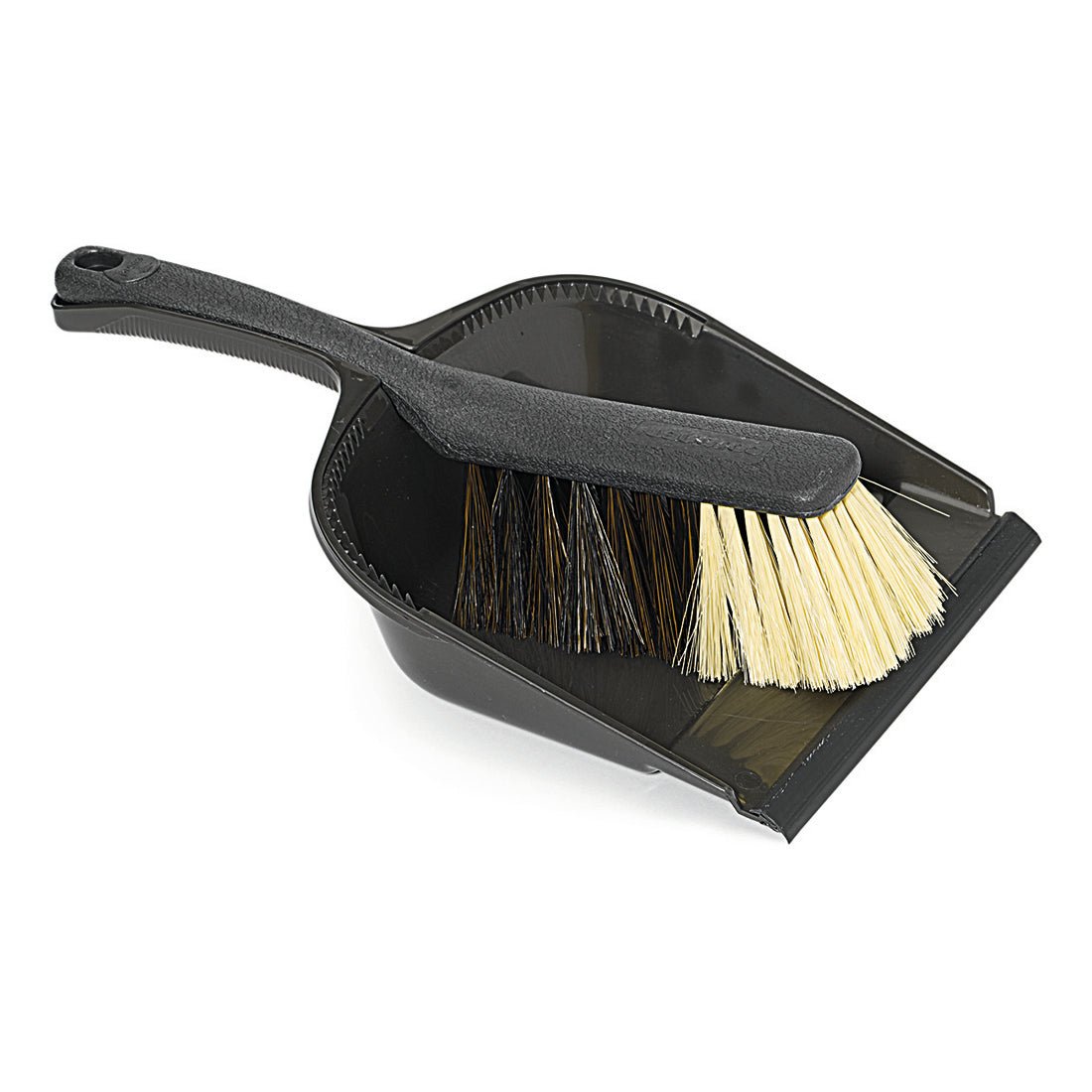 The Nölle Profi Brush sweeping set quality mix from Nölle Profi Brush Bürsten- & Pinseltechnik e.K. consists of a compact broom with light and dark bristles and a black dustpan; the handle can be stored in the pan for easy storage.