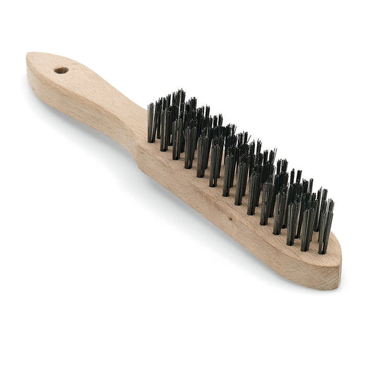 The Nölle Profi Brush hand wire brush smooth steel from Nölle Profi Brush Brush & Paint Technology e.K. with a wooden handle and dense steel bristles is depicted on a white background - perfect for effective rust removal.