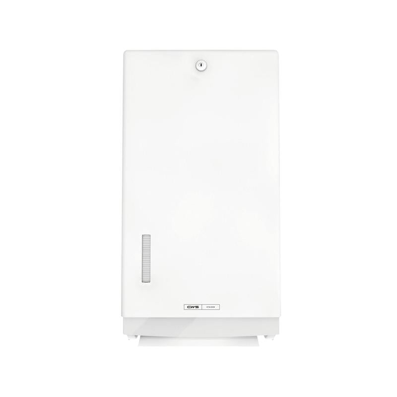 The CWS ParadiseLine Paper Universal Folded Paper Towel Dispenser, white, with a lock and a viewing window on the left, allows for hygienic hand drying with universal paper towels.