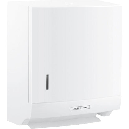 The CWS ParadiseLine Paper Slim fold paper towel dispenser in white with a lock from CWS has a viewing window for the paper level and the "CWS Hygiene" label at the bottom - ideal for hygienic hand drying.