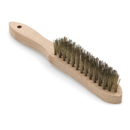 The Nölle Profi Brush hand wire brush brass wavy 28 cm, by Nölle Profi Brush Bürsten- & Pinseltechnik e.K., has a wooden handle with brass wire bristles and a hanging hole, depicted on a white background.