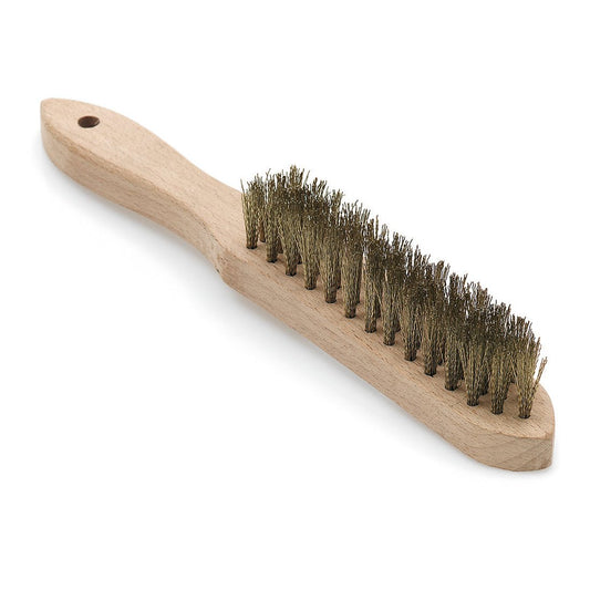 The Nölle Profi Brush hand wire brush brass wavy 28 cm, by Nölle Profi Brush Bürsten- & Pinseltechnik e.K., has a wooden handle with brass wire bristles and a hanging hole, depicted on a white background.