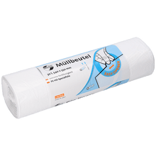 A roll of DEISS 46917 white garbage bags (540x550x0.015 mm, 100 pieces) from EMIL DEISS KG (GmbH + Co.) in plastic packaging with German info and a hand-pull illustration - ideal for practical waste disposal.