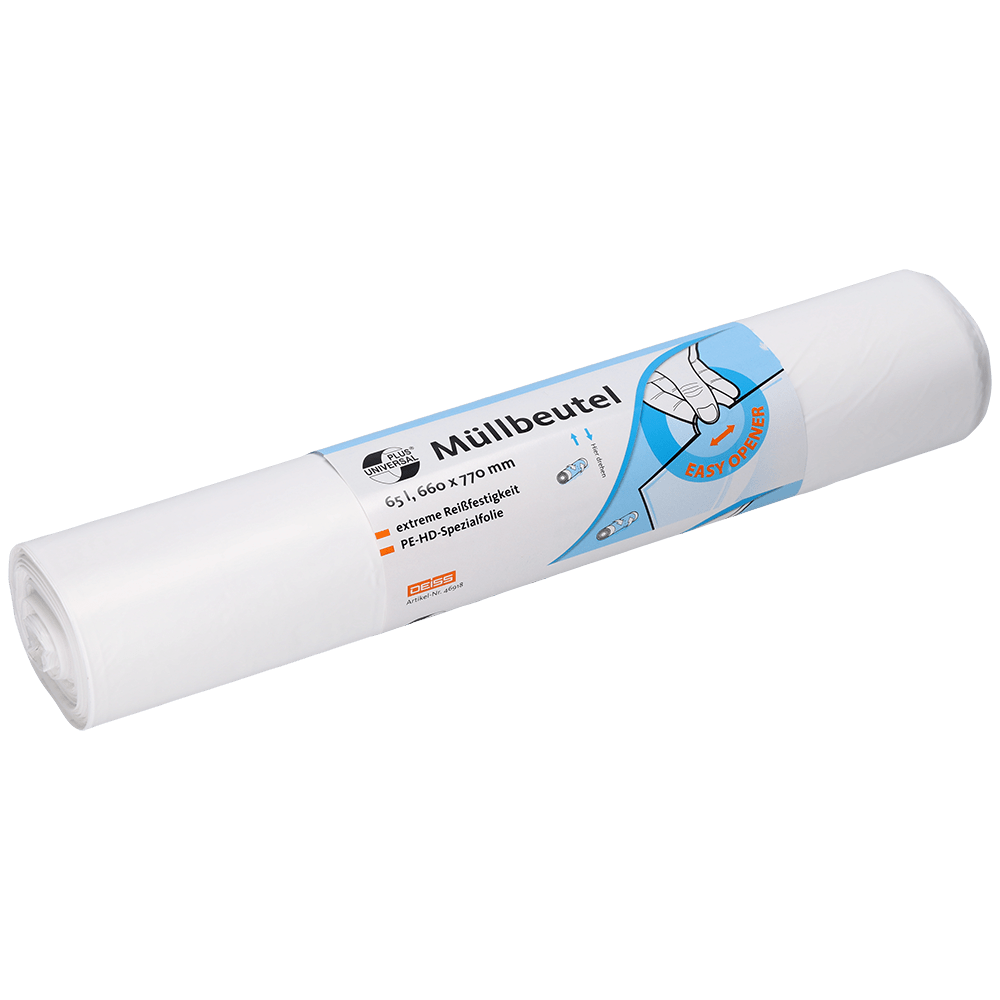 A roll of EMIL DEISS KG (GmbH + Co.) DEISS 46918 garbage bags (660x770x0.015 mm, white, 50 pieces) packaged with a label featuring "garbage bag", product information, a hand holding a bag, and disposal or storage symbols.