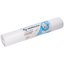 A roll of EMIL DEISS KG (GmbH + Co.) DEISS 46918 garbage bags (660x770x0.015 mm, white, 50 pieces) packaged with a label featuring "garbage bag", product information, a hand holding a bag, and disposal or storage symbols.