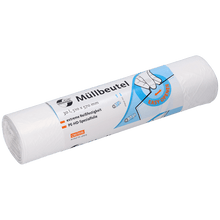 A roll of DEISS 46919 white trash bags from EMIL DEISS KG (GmbH + Co.), labeled "trash bags", 30L, 510 x 570 mm, hygienic like disposable hand towels, with simple opening instructions on the packaging. Contains 100 bags per roll.