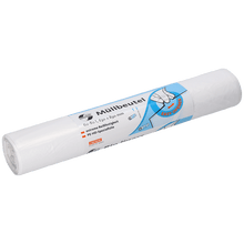 A roll of white EMIL DEISS KG DEISS 46923 garbage bags (630x850x0.01 mm, 50 pieces) features German packaging with a blue and white label showing a hand pulling a bag, highlighting the easy opening and product details.