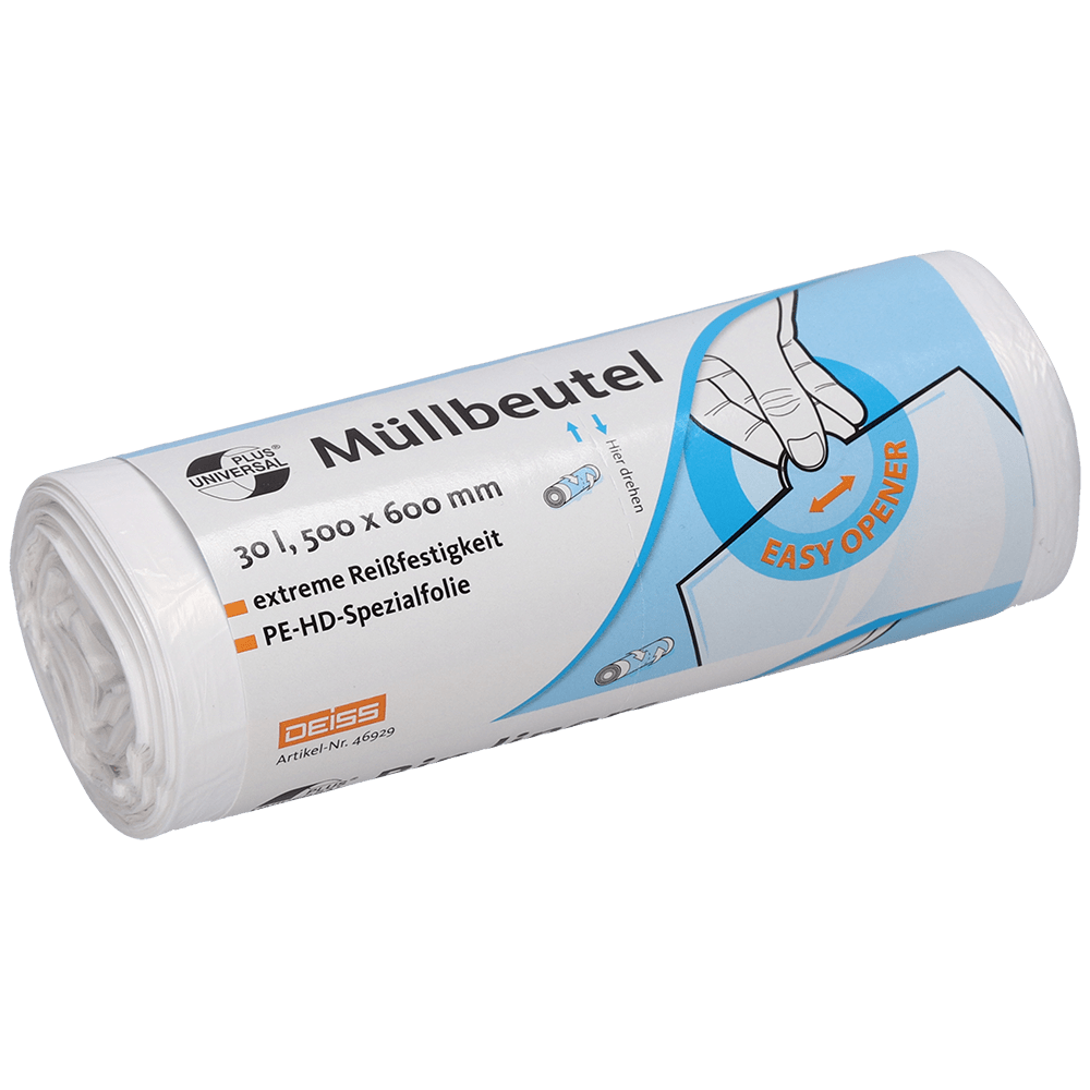A roll of white DEISS garbage bags 500x600 mm made of HDPE, 30 liters, from EMIL DEISS KG (GmbH + Co.) with German text indicating the size and specifications, featuring a hand illustration highlighting the "EASY OPENER" and notes on tear-resistant garbage bags.