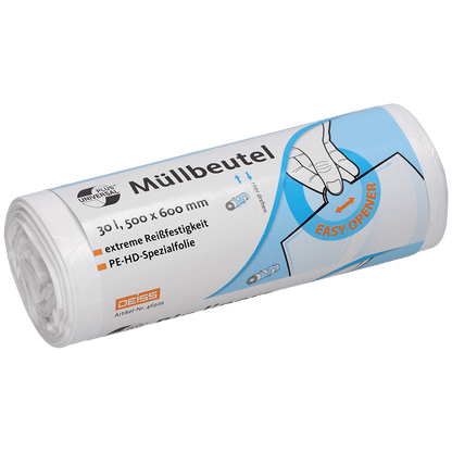 A roll of white DEISS garbage bags 500x600 mm made of HDPE, 30 liters, from EMIL DEISS KG (GmbH + Co.) with German text indicating the size and specifications, featuring a hand illustration highlighting the "EASY OPENER" and notes on tear-resistant garbage bags.