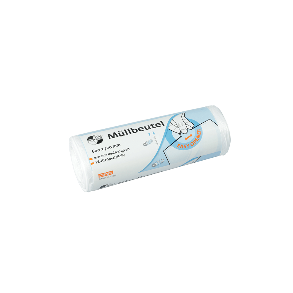 A roll of EMIL DEISS KG (GmbH + Co.) DEISS 46930 garbage bags, 600x720 mm white, is delivered in a pack of 50 with extra tear-resistant PE-HD special film and illustrated opening instructions on the packaging.