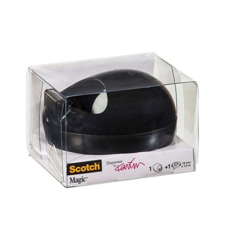 The Scotch™ Karim Rashid tape dispenser from 3M Deutschland GmbH in black is in a clear plastic package with visible product labels and branding on the front and side.