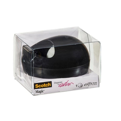 The Scotch™ Karim Rashid tape dispenser from 3M Deutschland GmbH in black is in a clear plastic package with visible product labels and branding on the front and side.