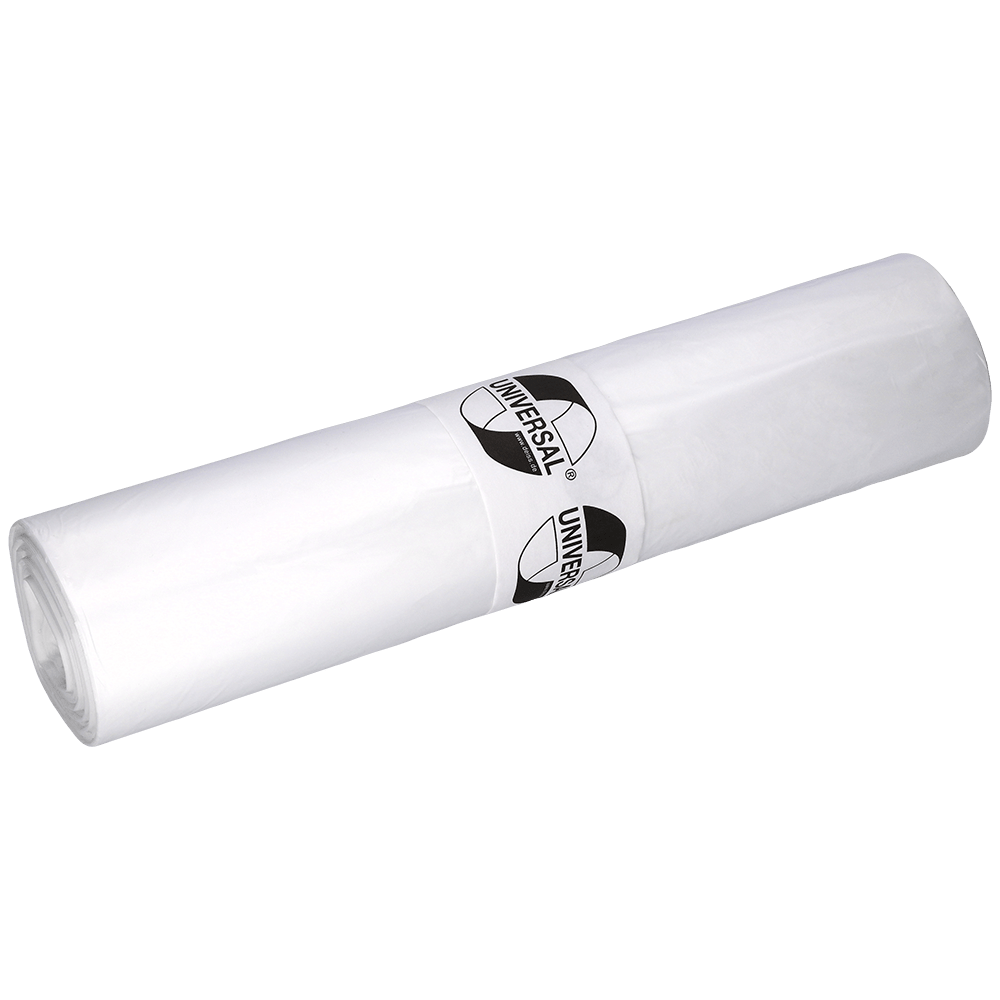 A roll of transparent DEISS 49002 garbage bags (700x1100x0.018 mm, 50 pieces) from EMIL DEISS KG (GmbH + Co.), ideal for waste disposal, on a white background.