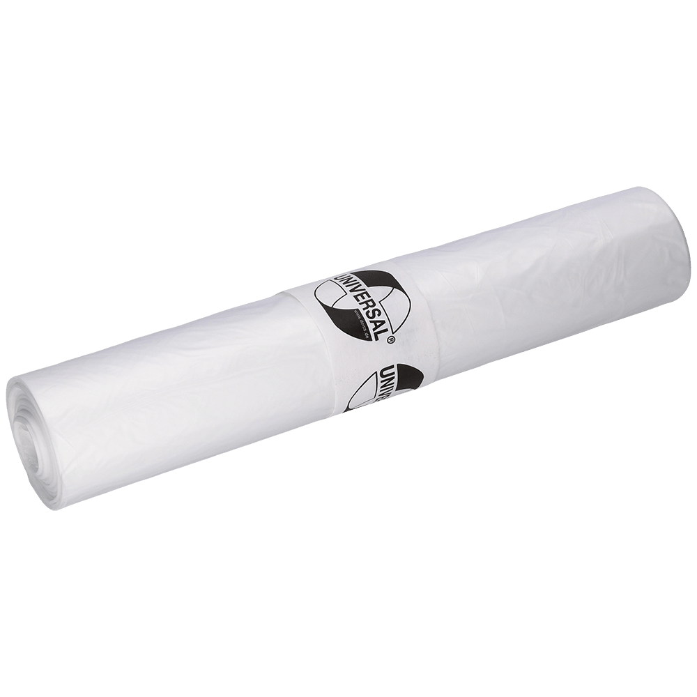 A roll of EMIL DEISS KG (GmbH + Co.) DEISS 49009 garbage bags, 690x790x0.02 mm transparent (50 pieces), with a "UNIVERSAL" label, is neatly packaged and placed on a plain light background.