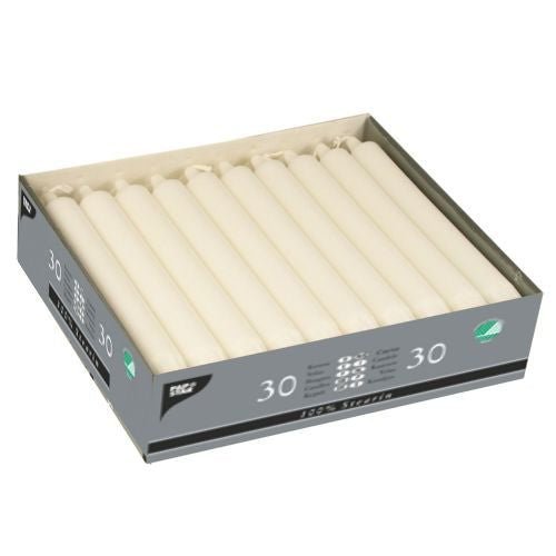 A box PAPSTAR of 30 taper candles Ø 2.2 cm white from PAPSTAR GmbH, made of 100% stearin, ensures even burning for reliable, clean burning.