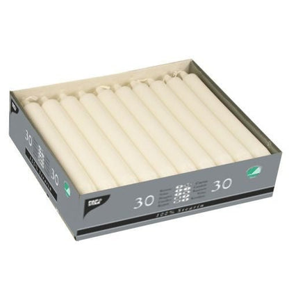 A box PAPSTAR of 30 taper candles Ø 2.2 cm white from PAPSTAR GmbH, made of 100% stearin, ensures even burning for reliable, clean burning.