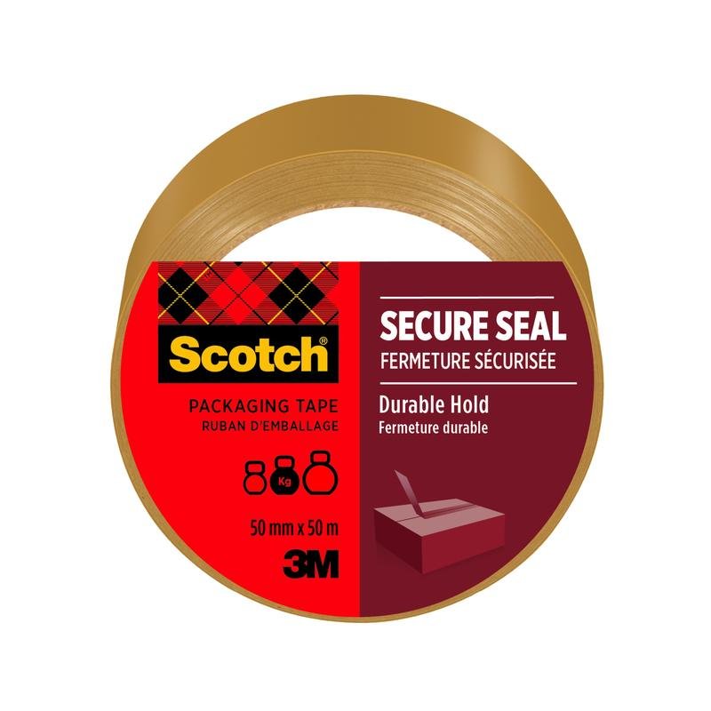A 50 mm x 50 m roll of Scotch® packaging tape from 3M Deutschland GmbH, brown, with a red-black label featuring the brand, product name, dimensions, and a box symbol, ensures secure sealing and durable hold.