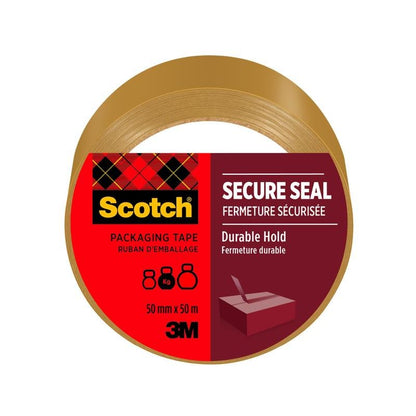 A 50 mm x 50 m roll of Scotch® packaging tape from 3M Deutschland GmbH, brown, with a red-black label featuring the brand, product name, dimensions, and a box symbol, ensures secure sealing and durable hold.