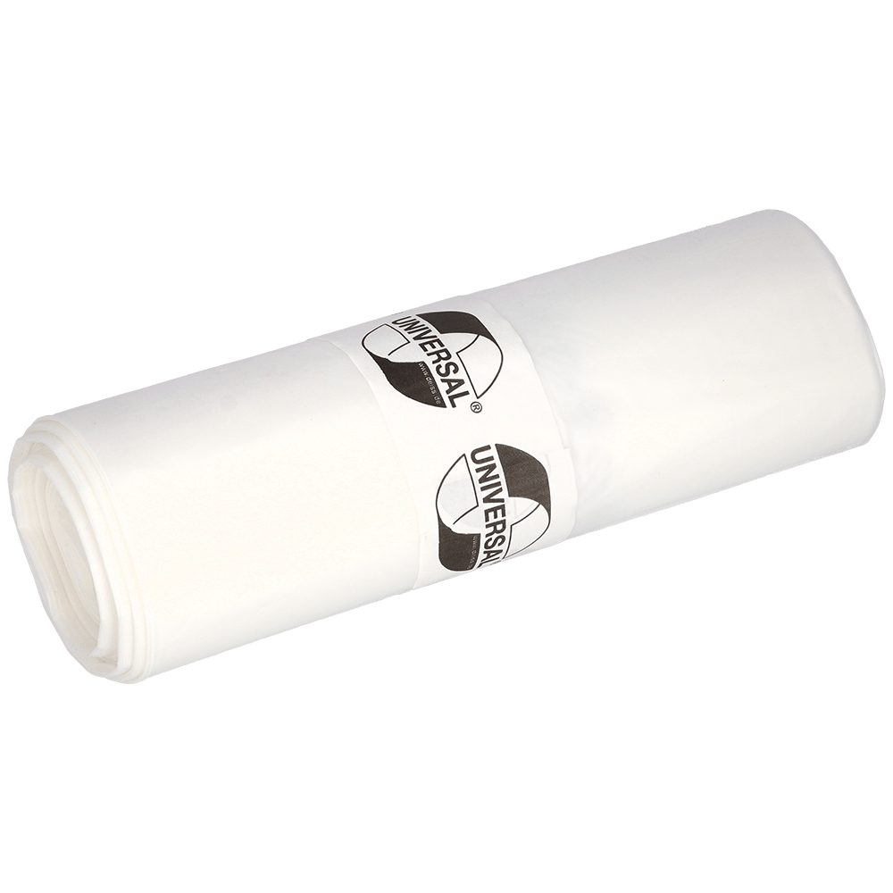 A roll of EMIL DEISS KG (GmbH + Co.) DEISS garbage bags 575x1000x0.018 mm made of HDPE 50 l, packaged with a labeled paper band. These sturdy white garbage bags are ideal for daily use. Pictured on a plain, light background.
