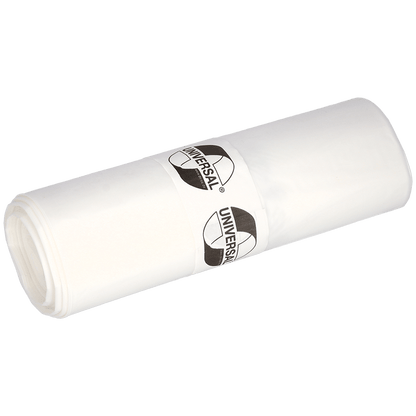 A roll of EMIL DEISS KG (GmbH + Co.) DEISS garbage bags 575x1000x0.018 mm made of HDPE 50 l, packaged with a labeled paper band. These sturdy white garbage bags are ideal for daily use. Pictured on a plain, light background.