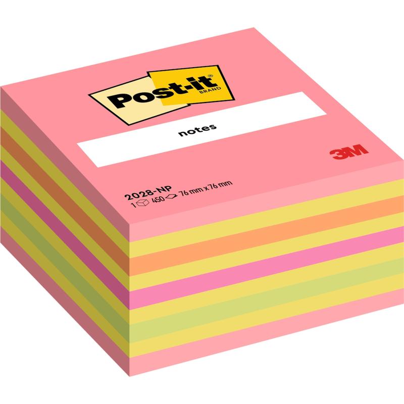 A cube with 450 sheets of Post-it® Notes (76 x 76 mm) from 3M Deutschland GmbH, with pink, yellow, and green notes. Product code: 2028-NP. Made from 100% PEFC-certified paper.