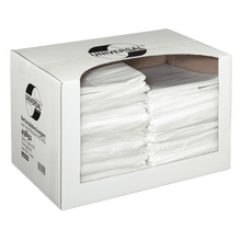 A white box from EMIL DEISS KG (GmbH + Co.) contains 200 transparent DEISS 49892 bed covers (3200x950x0.01 mm). A large window and a label indicate the contents - ideal hygiene protection for hospitals.