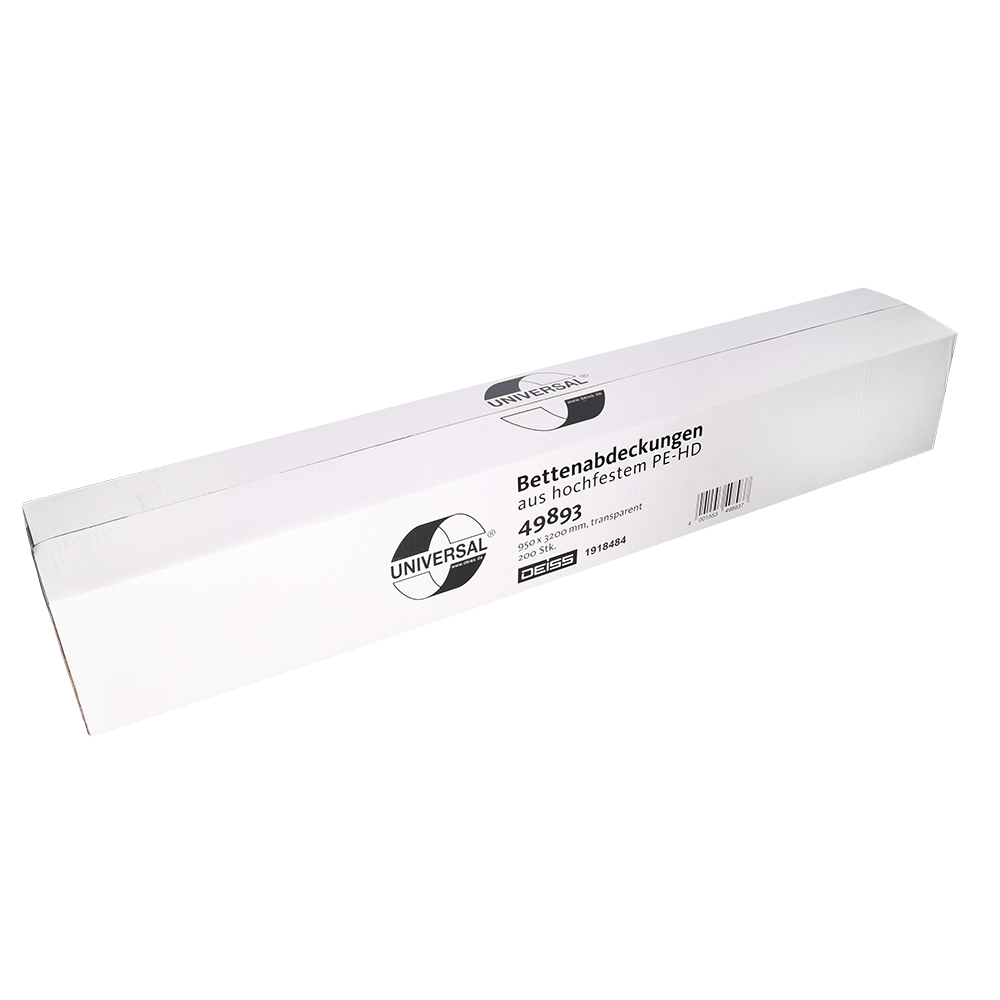 A rectangular white box with the label "UNIVERSAL" contains EMIL DEISS KG (GmbH + Co.) transparent bed covers 3200x950 mm, product name DEISS 49893, pack of 200 pieces, with German text on the front.