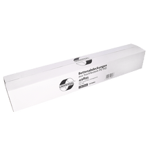 A rectangular white box with the label "UNIVERSAL" contains EMIL DEISS KG (GmbH + Co.) transparent bed covers 3200x950 mm, product name DEISS 49893, pack of 200 pieces, with German text on the front.