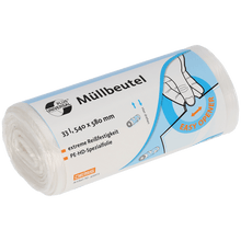 A transparent roll of EMIL DEISS KG (GmbH + Co.) DEISS 49903 garbage bags (540x580 mm, 100 pieces) with a blue-orange label shows a hand operating the Easy Opener; the label refers to a capacity of 33L and high tear resistance for practical use.