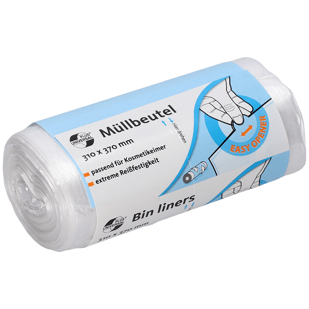 A roll of EMIL DEISS KG (GmbH + Co.) DEISS 49909 bags, 310x370 mm transparent (50 pieces), with a blue-white, bilingual label with information on size, tear resistance, and opening aid with hand-drawn illustrations.