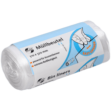 A roll of EMIL DEISS KG (GmbH + Co.) DEISS 49909 bags, 310x370 mm transparent (50 pieces), with a blue-white, bilingual label with information on size, tear resistance, and opening aid with hand-drawn illustrations.