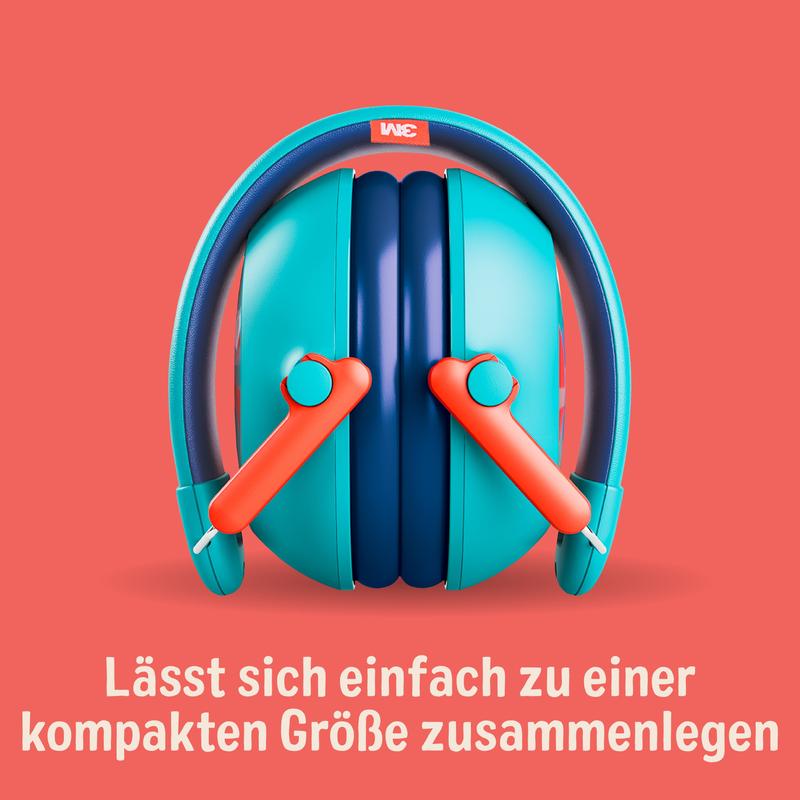 The 3M™ Kids Hearing Protection PKIDSP-TEAL-E, teal (87-98 dB), from 3M Deutschland GmbH, is foldable and compact. Pictured against a coral background with the text: "Easily folds to a compact size."
