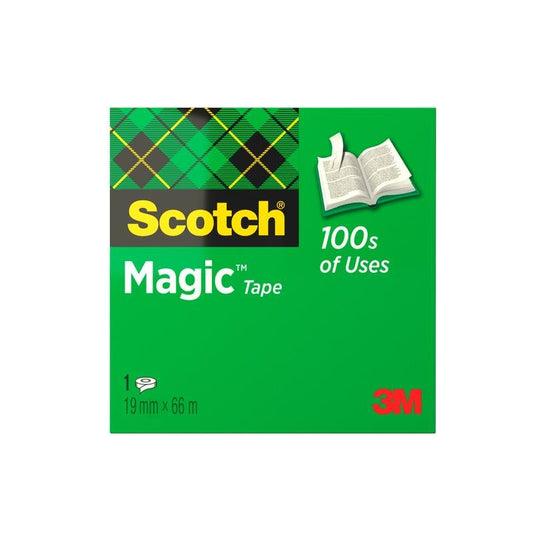 A green box of Scotch® Magic™ Invisible Tape from 3M Deutschland GmbH, labeled with "100s of Uses", featuring a graphic of an open book; contains 1 roll (19 mm x 66 m).