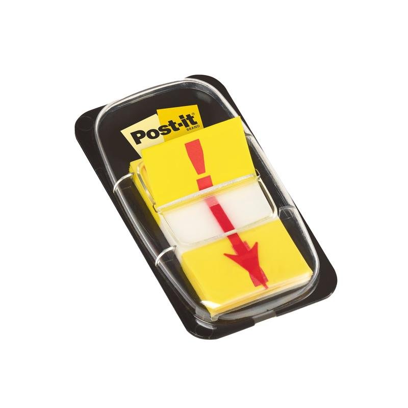A clear plastic dispenser holds 50 yellow Post-it® Index Tabs (25.4 mm x 43.2 mm) from 3M Deutschland GmbH. Each flag is marked with a downward red arrow, and the Post-it® brand logo is depicted on a label behind the flags. White background.