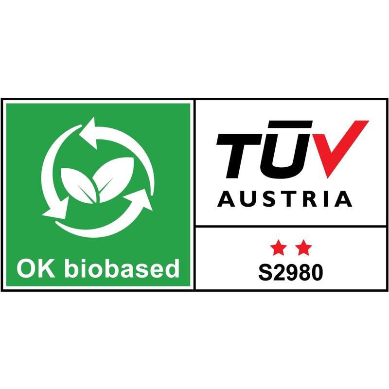 The "OK biobased" logo with a green box, two leaves in a circle, and the inscription, next to "TÜV AUSTRIA", two red stars and code S2980 on white - suitable for Scotch® Magic™ Tape (3M), 66% plant-based adhesive, 1 roll + dispenser.