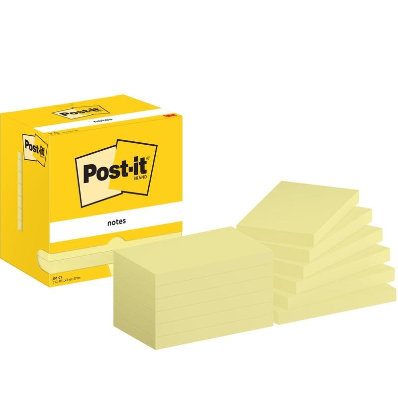 A yellow box of 3M Deutschland GmbH Post-it® Notes (76 mm x 127 mm, 100 sheets/block, 12 blocks/carton, yellow) is pictured next to nine individual stacks of yellow Post-it blocks in a row.
